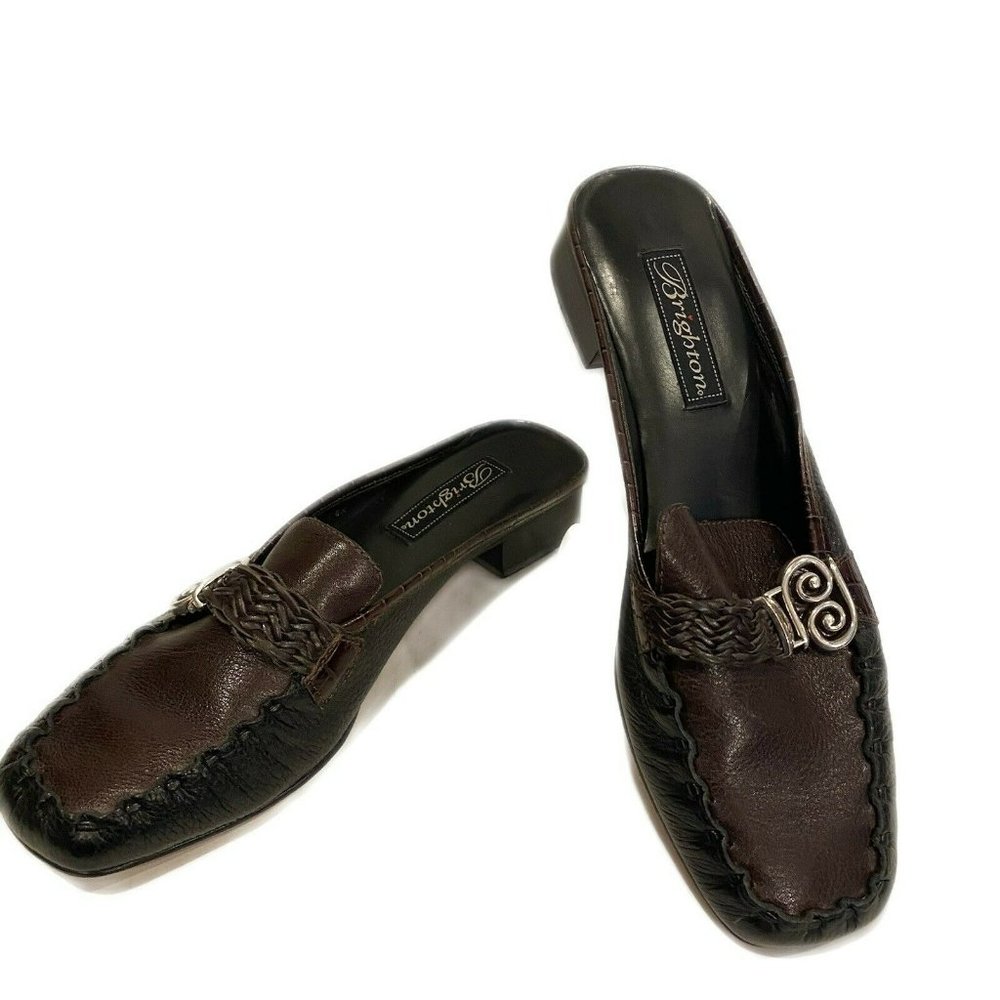 BRIGHTON TAHLIA Karman USED 8 M BLK BRN SILVER LEATHER MULES/SLIDES/HEELS/SHOES